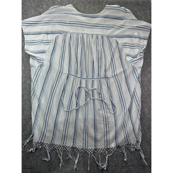 Frame Women's S Blue/ White‎ Striped Cotton Gauze Boho Fringe Cover up Dress - Picture 6 of 8